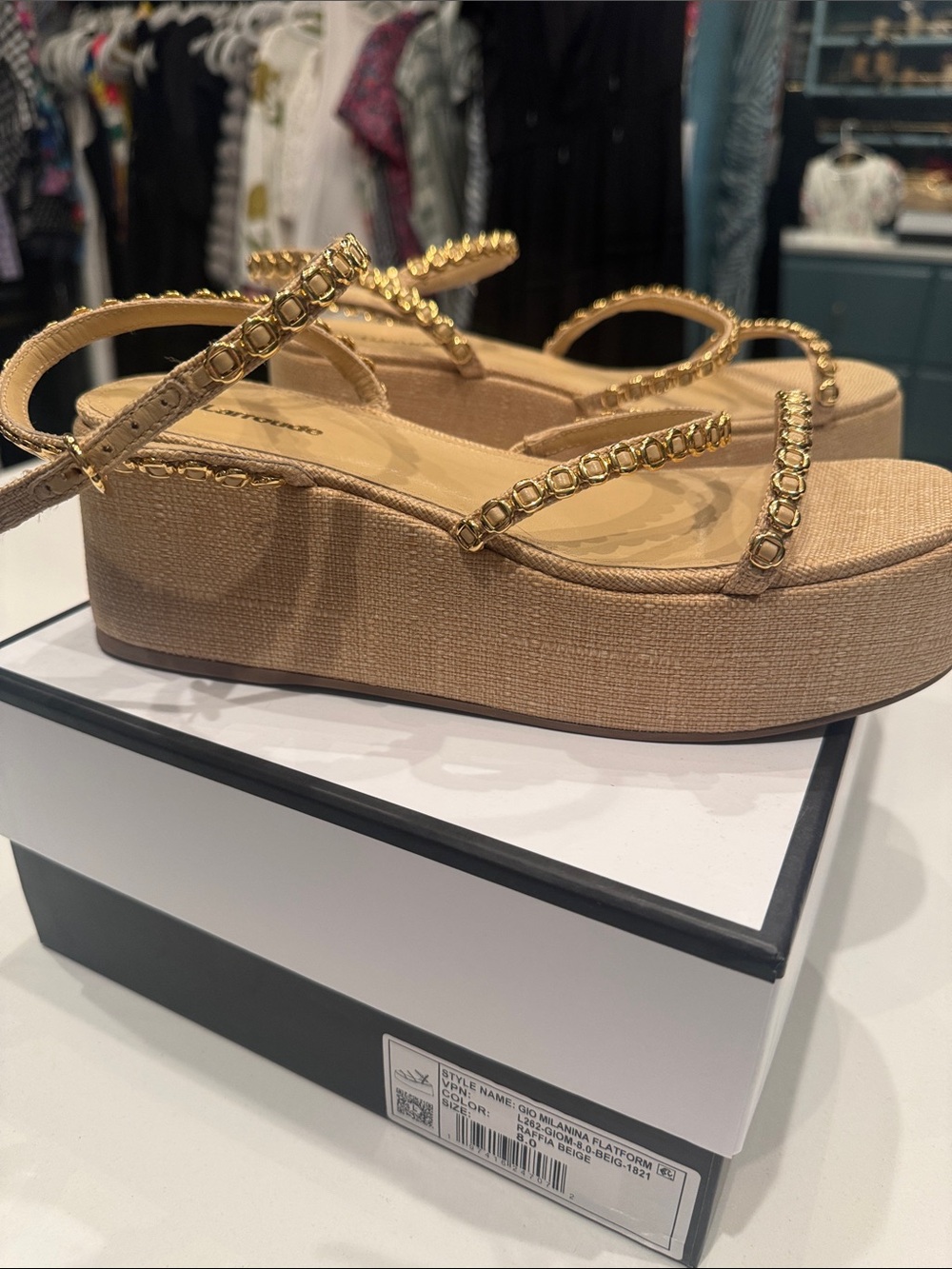 Larroude Beige Platform Sandals with Gold Chain Straps